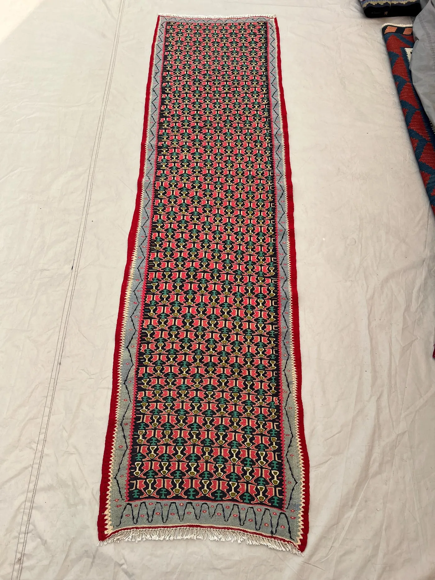 1'11x7'6 Ft Vintage Afghan Senneh Kilim Runner Flatweave | Black Pink All-Over Boteh | Handwoven Wool Rug for Hallway Kitchen Entryway