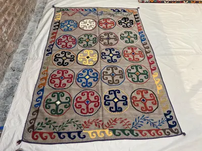 4'9x7'3 Ft Vintage Afghan Kilim Rug Gray Tribal Circle Medallion Flatweave Handwoven Wool Area Rug | Living Ro