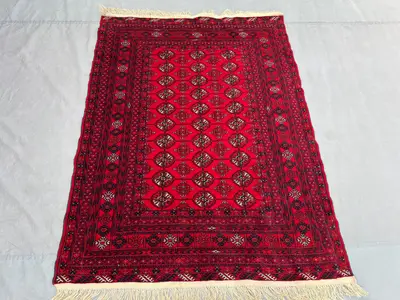 4x5'5 Vintage Afghan Turkmen Bokhara Rug | Hand Knotted Wool Area Rug | Rich Red Black Gul Medallion Rug | Boh
