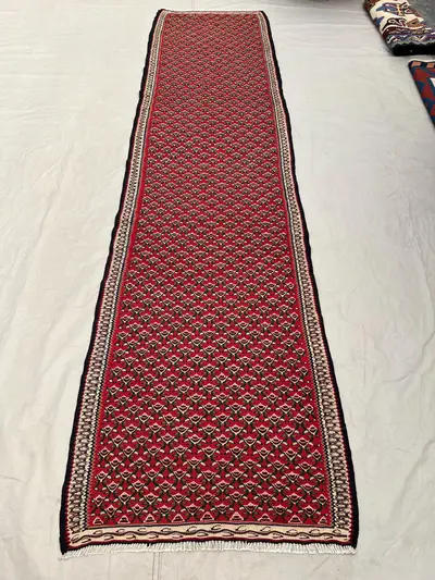 2'9x10'6 Ft Vintage Afghan Senneh Kilim Runner Flatweave | Red All-Over Floral Boteh Repeat | Handwoven Wool R