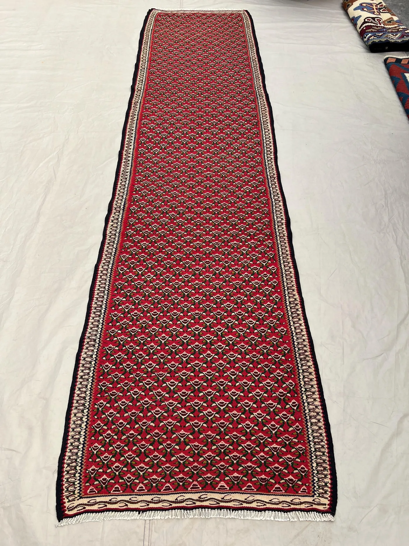 2'9x10'6 Ft Vintage Afghan Senneh Kilim Runner Flatweave | Red All-Over Floral Boteh Repeat | Handwoven Wool Rug Hallway Kitchen Staircase