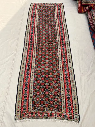 2'6x7'7 Vintage Afghan Kilim Handwoven Wool Flatweave All-Over Diamond Hourglass Dark Olive Red Teal Ivory Run