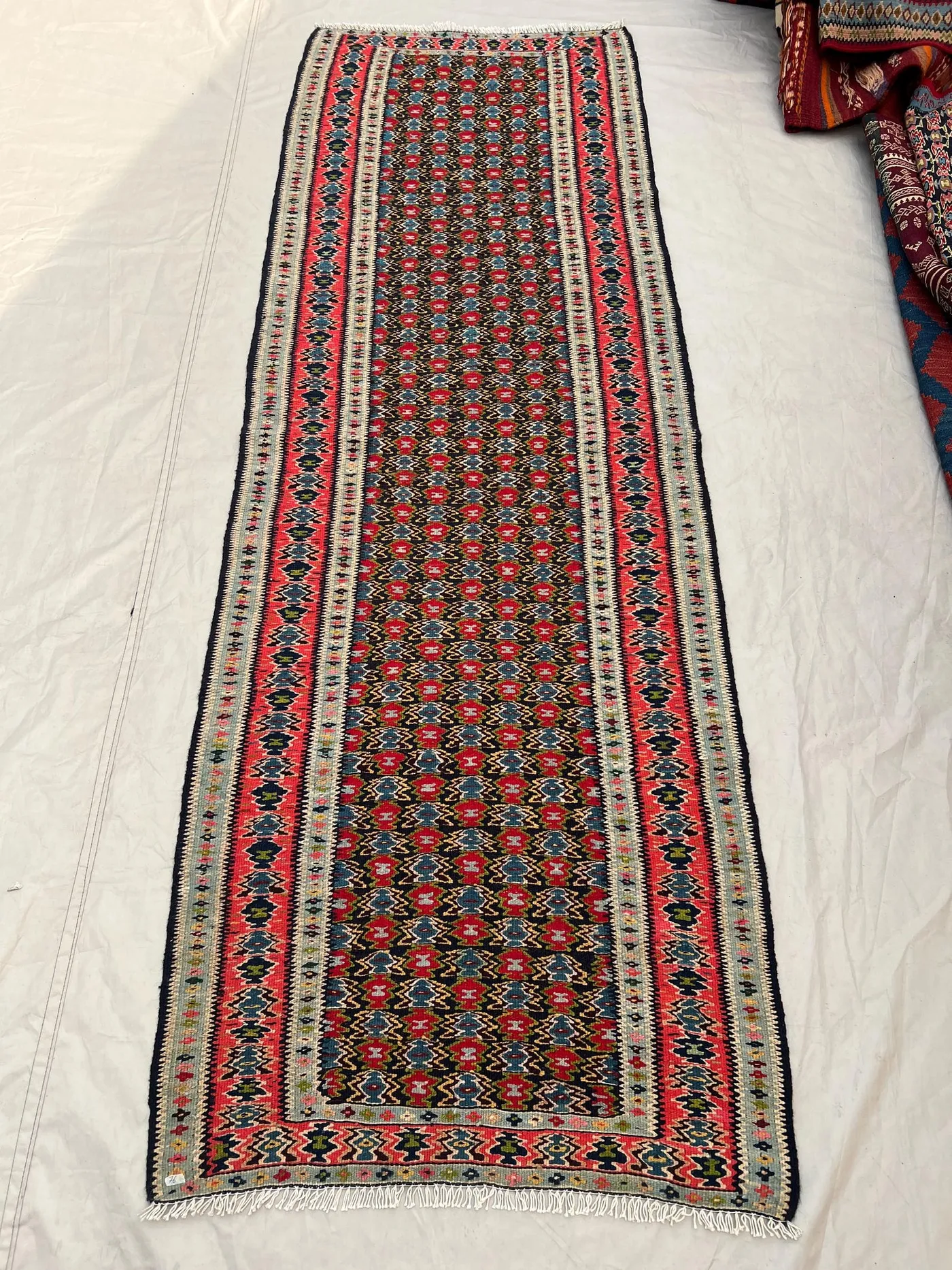 2'6x7'7 Vintage Afghan Kilim Handwoven Wool Flatweave All-Over Diamond Hourglass Dark Olive Red Teal Ivory Runner | Hallway Entryway Kitchen