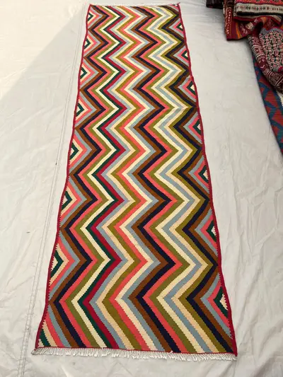 2'8x8'10 Ft Vintage Afghan Kilim Handwoven Wool Flatweave Full-Field Multicolor Chevron Zigzag Coral Pink Oliv