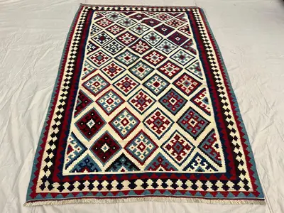 5'5x8 Vintage Afghan Kilim Flatweave | Ivory Blue Red All-Over Diamond Grid | Handwoven Wool Tribal Rug for Li