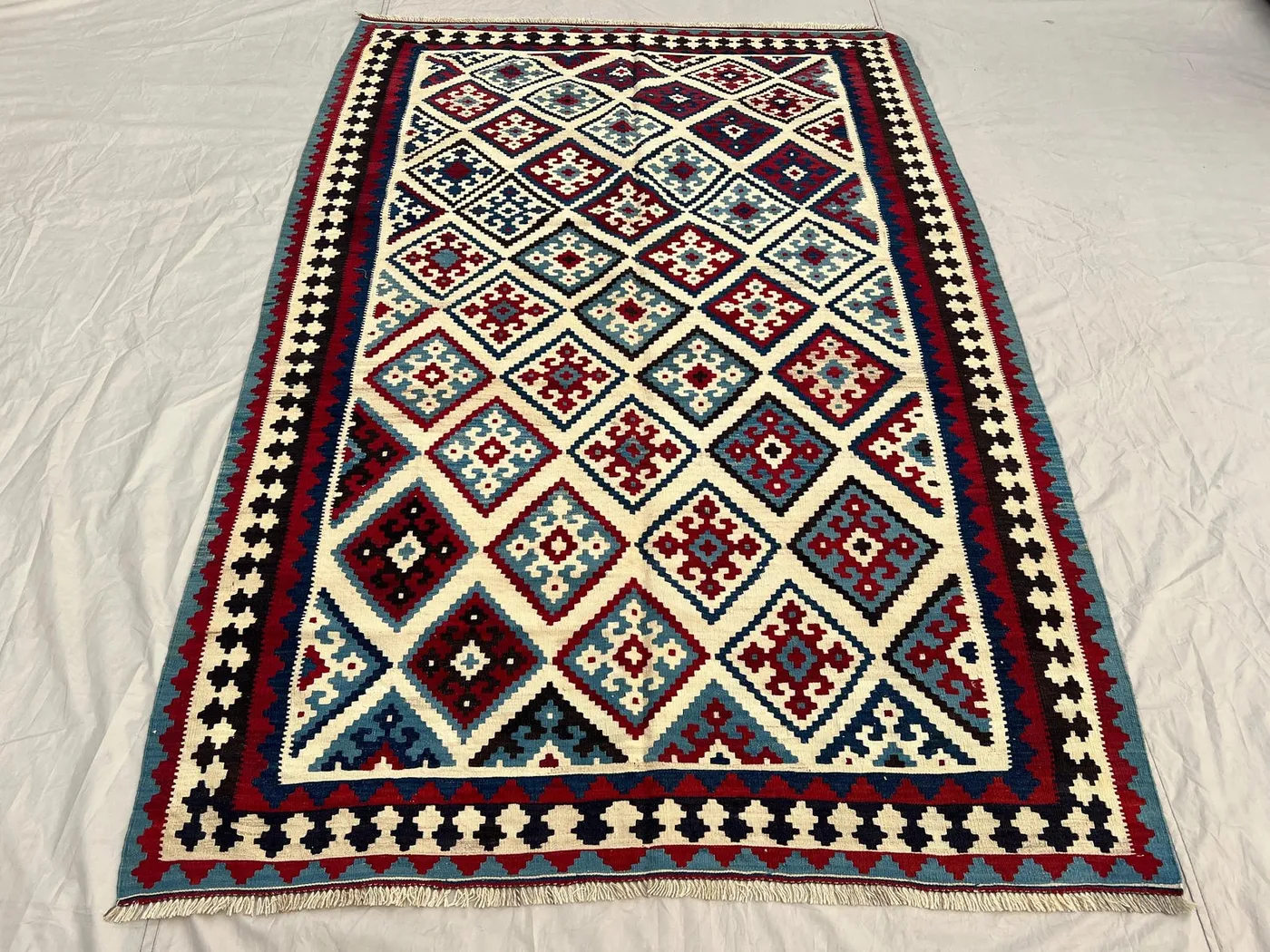 5'5x8 Vintage Afghan Kilim Flatweave | Ivory Blue Red All-Over Diamond Grid | Handwoven Wool Tribal Rug for Living Room Bedroom Dining Room