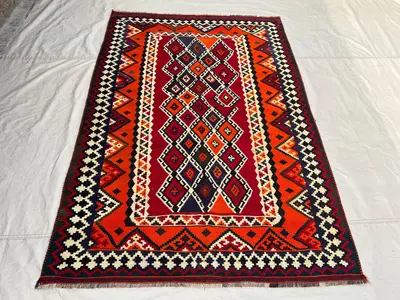 4'7x7'9 ft Vintage Afghan Kilim Rug | Handwoven Tribal Diamond Chain | Crimson Red & Fiery Orange Flatweave | 