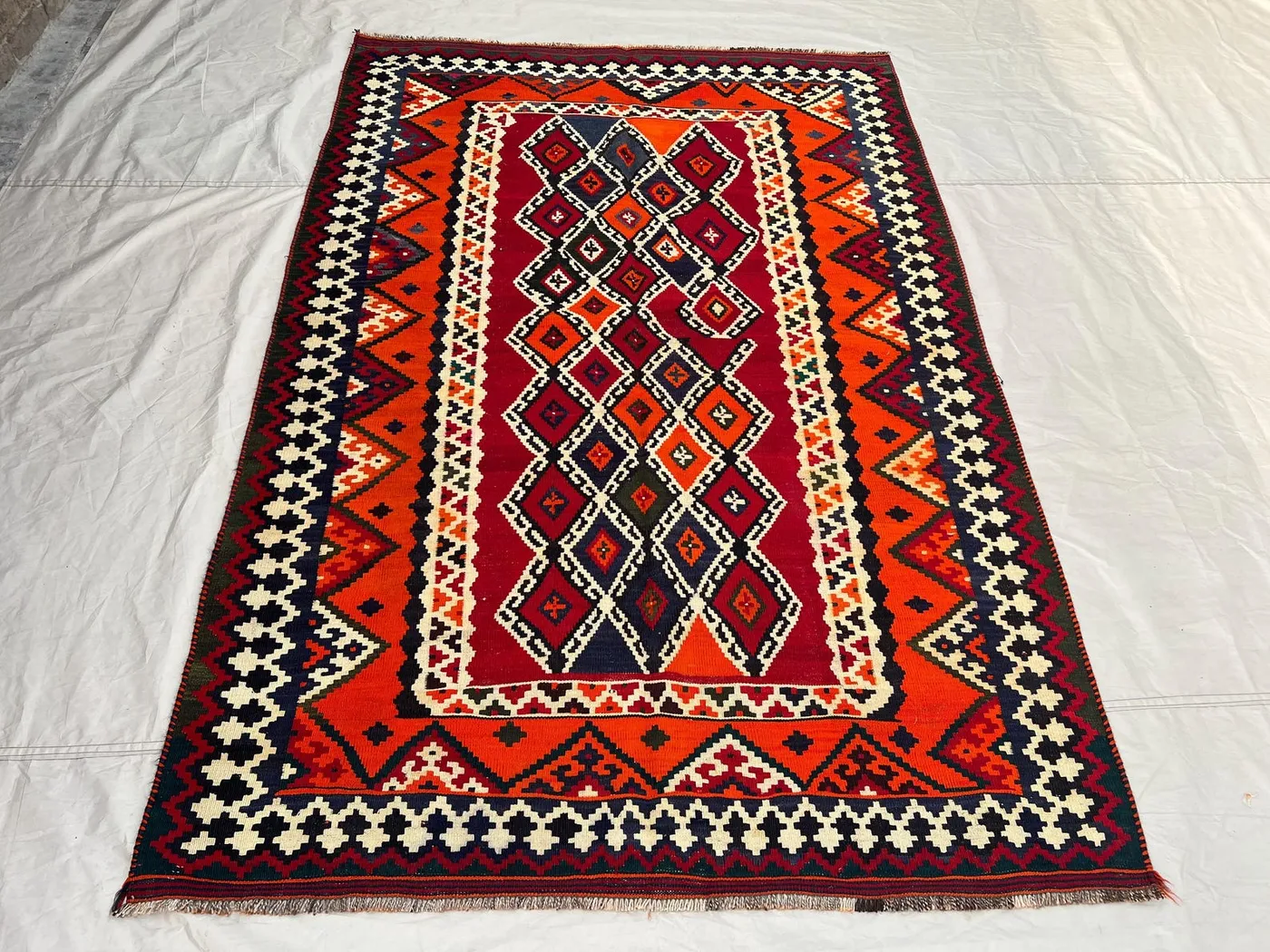 4'7x7'9 ft Vintage Afghan Kilim Rug | Handwoven Tribal Diamond Chain | Crimson Red & Fiery Orange Flatweave | Area Rug Living Room Bedroom