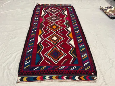 4'8x9'3 Vintage Afghan Baluchi Kilim Rug - Handwoven Flatweave, Bold Red & Colorful Geometric Design - Boho Li