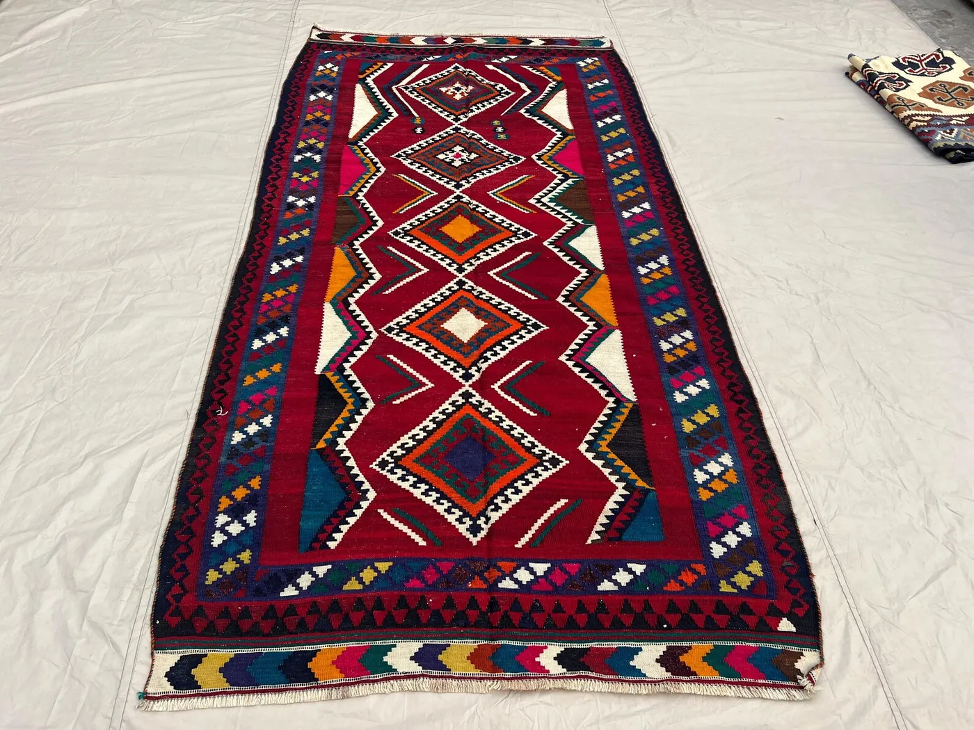 4'8x9'3 Vintage Afghan Baluchi Kilim Rug - Handwoven Flatweave, Bold Red & Colorful Geometric Design - Boho Living Room, Bedroom Decor