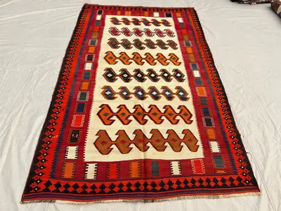 5'4x8'9 ft Vintage Afghan Baluchi Kilim - Red And Multi-Color Geometric Tribal Design, Handwoven Flatweave Woo