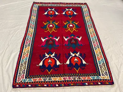 5'2x7'9 Ft Vintage Afghan Kilim Flatweave | Red Bold Figurative Bird & Peacock Motif | Handwoven Wool Tribal R
