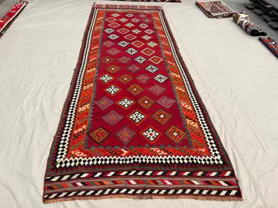 4'9x13'6 Ft Antique Handmade Afghan Kilim Runner – Bold Red, Black & Multicolor Geometric Diamond Design, Trad