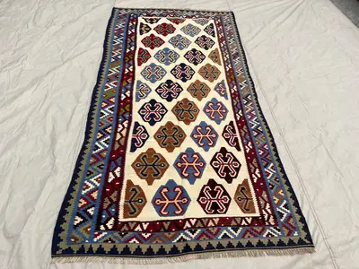 4'7x9'7 Vintage Afghan Kilim Rug - Handwoven Flatweave, Colorful Geometric Pattern - Boho Home Decor, Living R