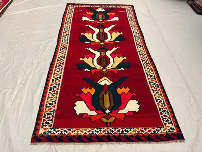 4'6x9'1 Ft Vintage Afghan Kilim Handwoven Wool Flatweave Large Scale Tulip Floral Column Vivid Red Teal Ivory 