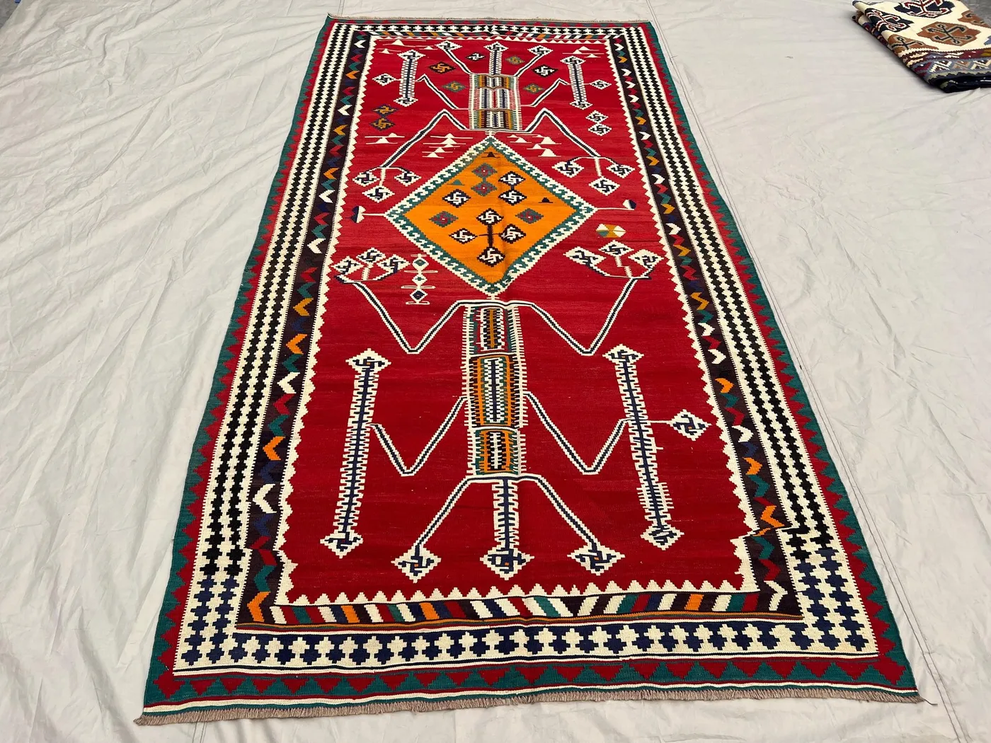 5'3x9'11 Vintage Afghan Baluchi Kilim Rug - Handwoven Flatweave, Bold Red & Yellow Geometric Design - Boho Home Decor, Living Room, Bedroom