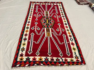 4'10x9'7 Ft Vintage Handmade Afghan Blauchi Kilim Flatweave – Red, & Multicolor Geometric Design, Traditional 