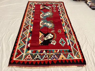 5'3x9'7 Ft Vintage Afghan Pictorial Kilim Flatweave | Red Figurative Human Portrait | Handwoven Wool Unique Ru