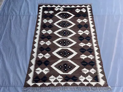 4x6 Afghan Handmade Kilim Rug | Tribal Modern Wool Flat Weave | Brown Ivory Black Navajo Style Geometric Kitch