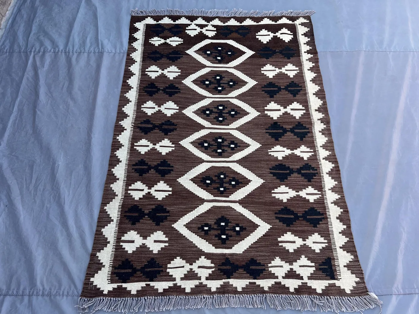 4x6 Afghan Handmade Kilim Rug | Tribal Modern Wool Flat Weave | Brown Ivory Black Navajo Style Geometric Kitchen Area Carpet Rug, Home Decor