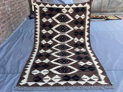 4x6 Afghan Kilim Rug | Handwoven Wool Flat Weave | Brown Black Tribal Rug | Neutral Geometric Carpet | Boho Li