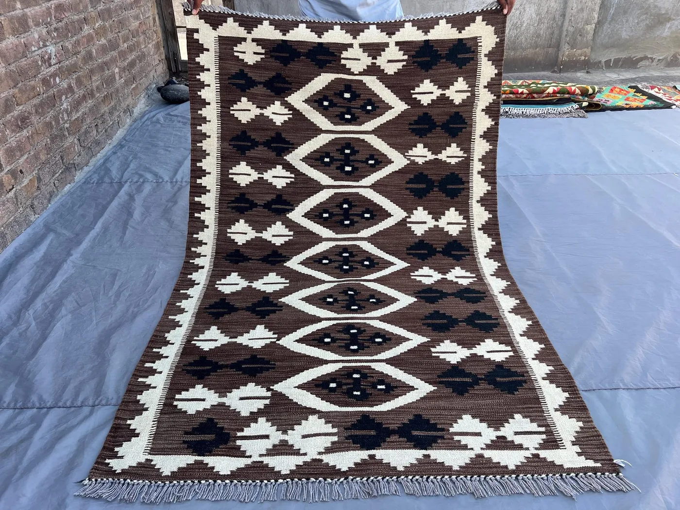 4x6 Afghan Kilim Rug | Handwoven Wool Flat Weave | Brown Black Tribal Rug | Neutral Geometric Carpet | Boho Living Room Accent, Kitchen Rug