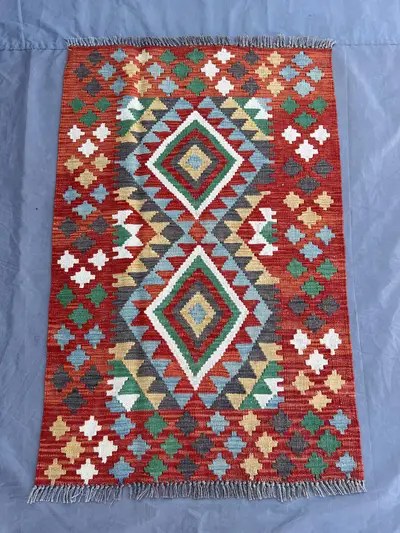 2'8x4 ft Afghan Handmade Kilim Rug | Wool Tribal Geometric Carpet | Red Green Ivory Yellow Blue Grey Turkish S