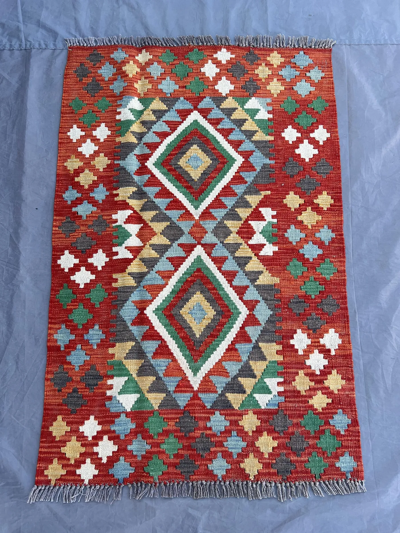 2'8x4 ft Afghan Handmade Kilim Rug | Wool Tribal Geometric Carpet | Red Green Ivory Yellow Blue Grey Turkish Style Bohemian Decor Rug