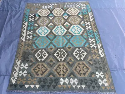 Afghan Kilim Rug, 5x6 Handwoven Wool Flat Weave Carpet | Neutral Tribal Area Rug | Turquoise Geometric Decor |