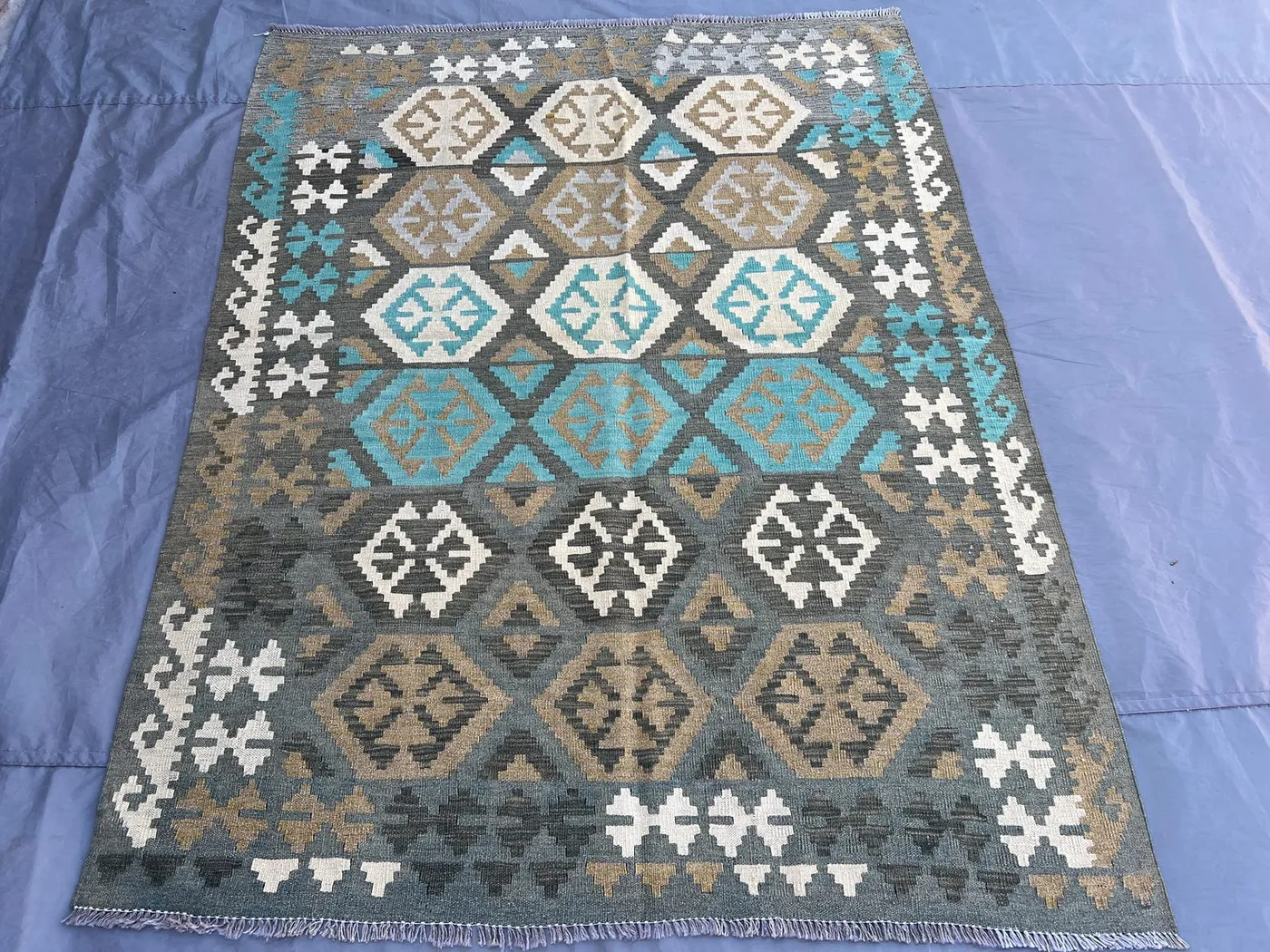 Afghan Kilim Rug, 5x6 Handwoven Wool Flat Weave Carpet | Neutral Tribal Area Rug | Turquoise Geometric Decor | Living Room Accent, Floor Rug