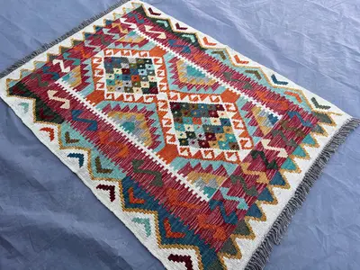 2'10x4 ft Afghan Handmade Kilim Rug, Colorful Tribal Flat Weave Wool Accent Rug | Small Boho Geometric Area Ca