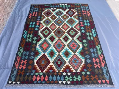 6x8 Afghan Rug, Handmade Natural Vegetable dyes Wool Rug, Blue Orange Red Beige, Turkmen Flatweave Kilim Rug, 