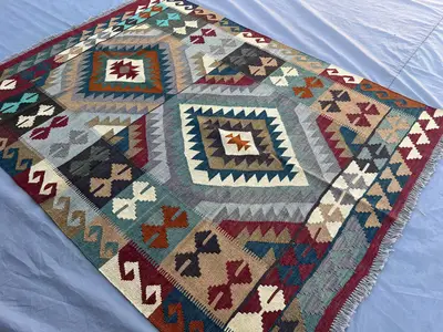 5x7 Afghan Kilim Rug, Navajo Style Flat Weave Wool Rug | Tribal Handwoven Carpet | Earthy Geometric Decor | Li