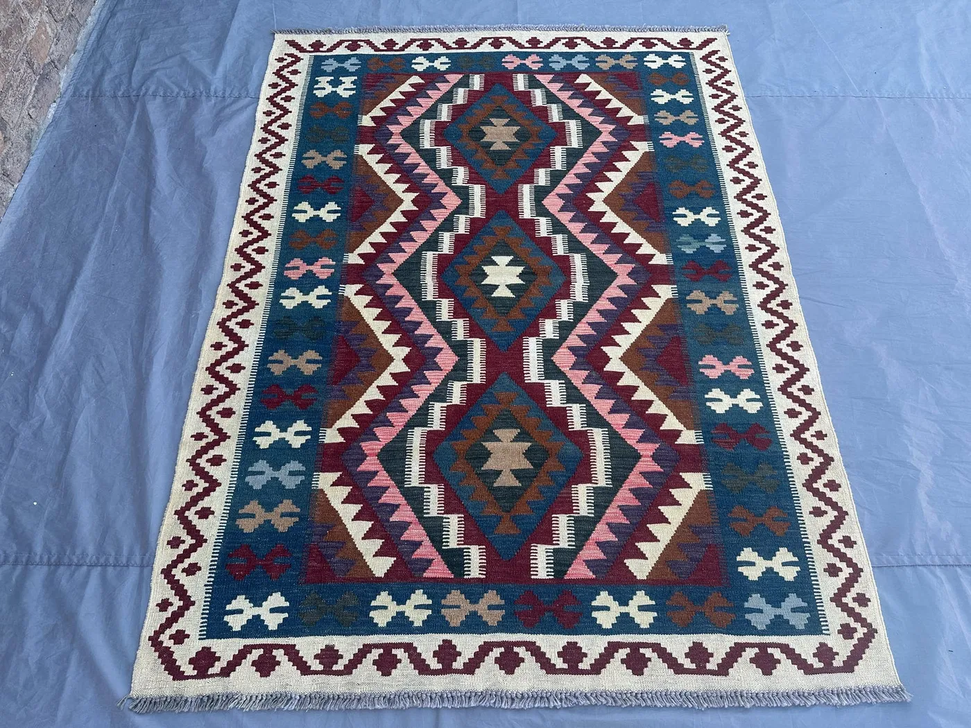 5x7 Afghan Kilim Rug | Handmade Wool Flat Weave Carpet | Geometric Tribal Design | Pink Blue Burgundy Ivory | Boho Oriental Area Rug