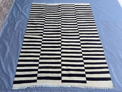 5x7 Handmade Flatweave Kilim Boho Rug, White And Black Modern Afghan Geometric Rug, Natural dyes, Bedroom Area