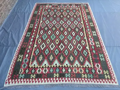 7x10 Afghan Kilim Rug | Handwoven Wool Flat Weave Carpet | Tribal Geometric Multicolor Pattern | Large Orienta