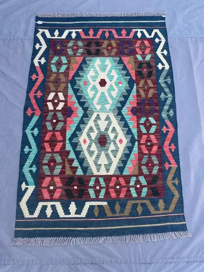 4x5 Afghan Kilim Rug | Handmade Wool Flat Weave Carpet | Tribal Geometric Pattern | Colorful Blue Red Teal | B