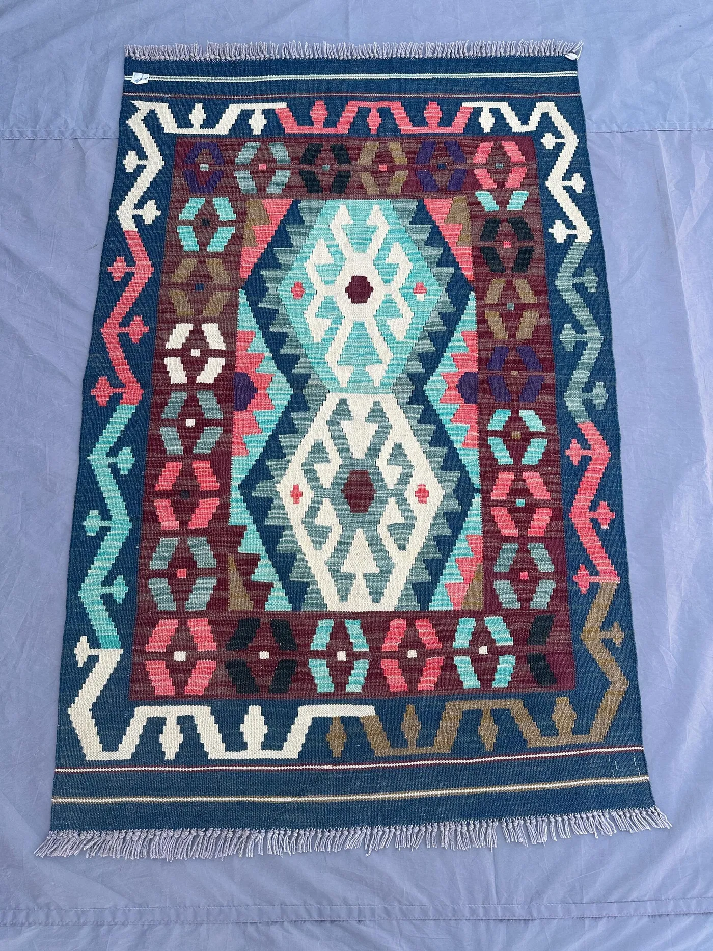 4x5 Afghan Kilim Rug | Handmade Wool Flat Weave Carpet | Tribal Geometric Pattern | Colorful Blue Red Teal | Boho Small Area Accent Rug
