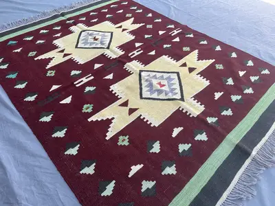 5x6'4 ft Afghan Kilim Rug | Handmade Flat Weave Maroon Green Beige Rug | Modern Turkish Style Geometric Wool A