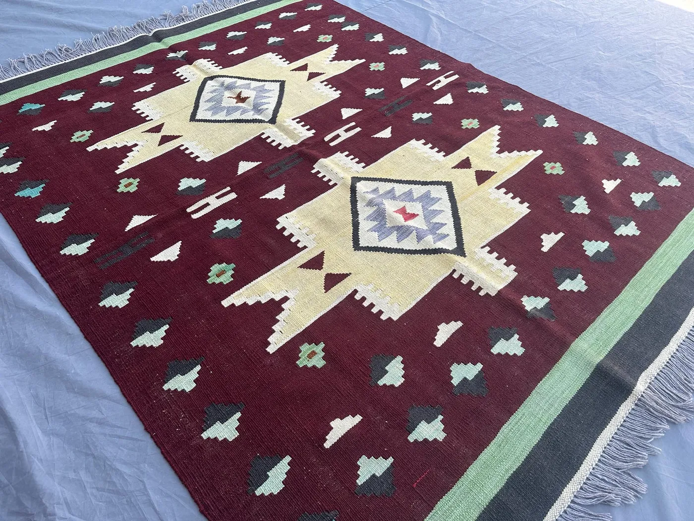 5x6'4 ft Afghan Kilim Rug | Handmade Flat Weave Maroon Green Beige Rug | Modern Turkish Style Geometric Wool Area Carpet, Living Room Rug