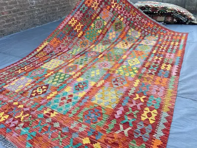 7 x 10 Colorful Kilim Rug | Afghan Handmade Flat Weave Wool Carpet | Tribal Area Rug | Vibrant Ethnic Geometri