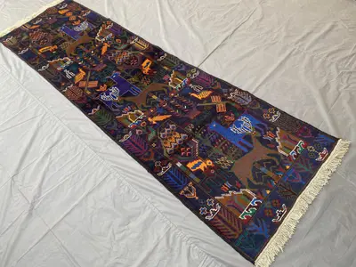 2'8x8'11 ft Afghan Baluch Vintage Pictorial Runner Rug, Tribal Animal Hunting Rug, Handmade Horse Riding Hallw