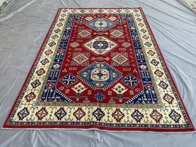 Handmade Afghan Kazak Rug, Traditional Geometric Wool Carpet, Hand Knotted Red Area Rug, Vintage Oriental Livi
