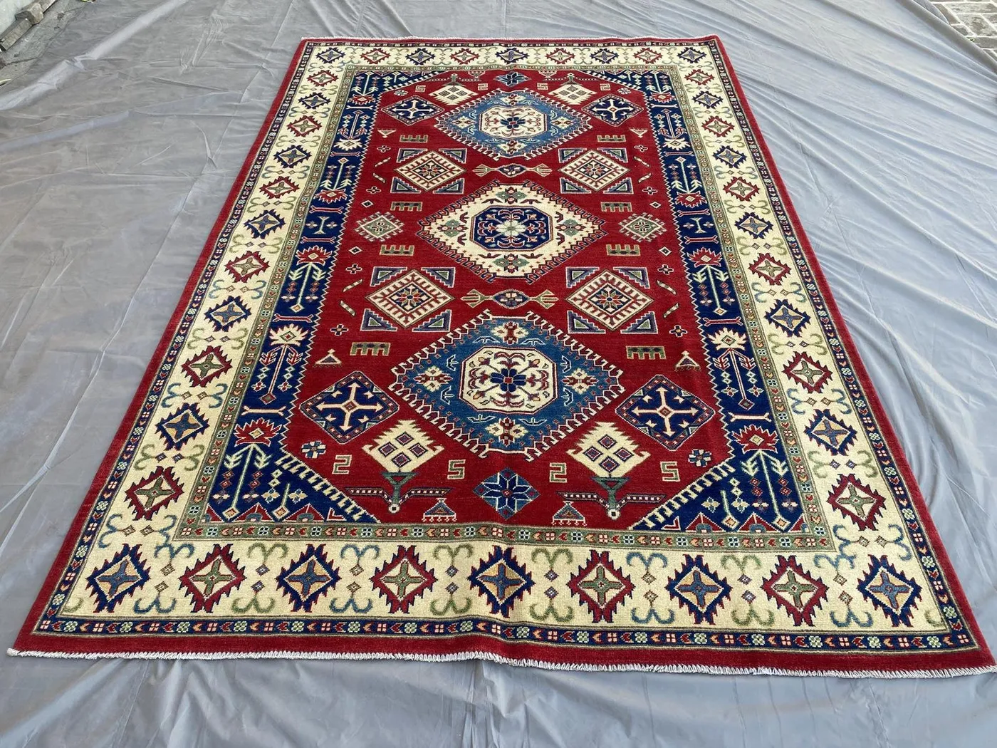 Handmade Afghan Kazak Rug, Traditional Geometric Wool Carpet, Hand Knotted Red Area Rug, Vintage Oriental Living Room Rug, 7x10 moroccan Rug